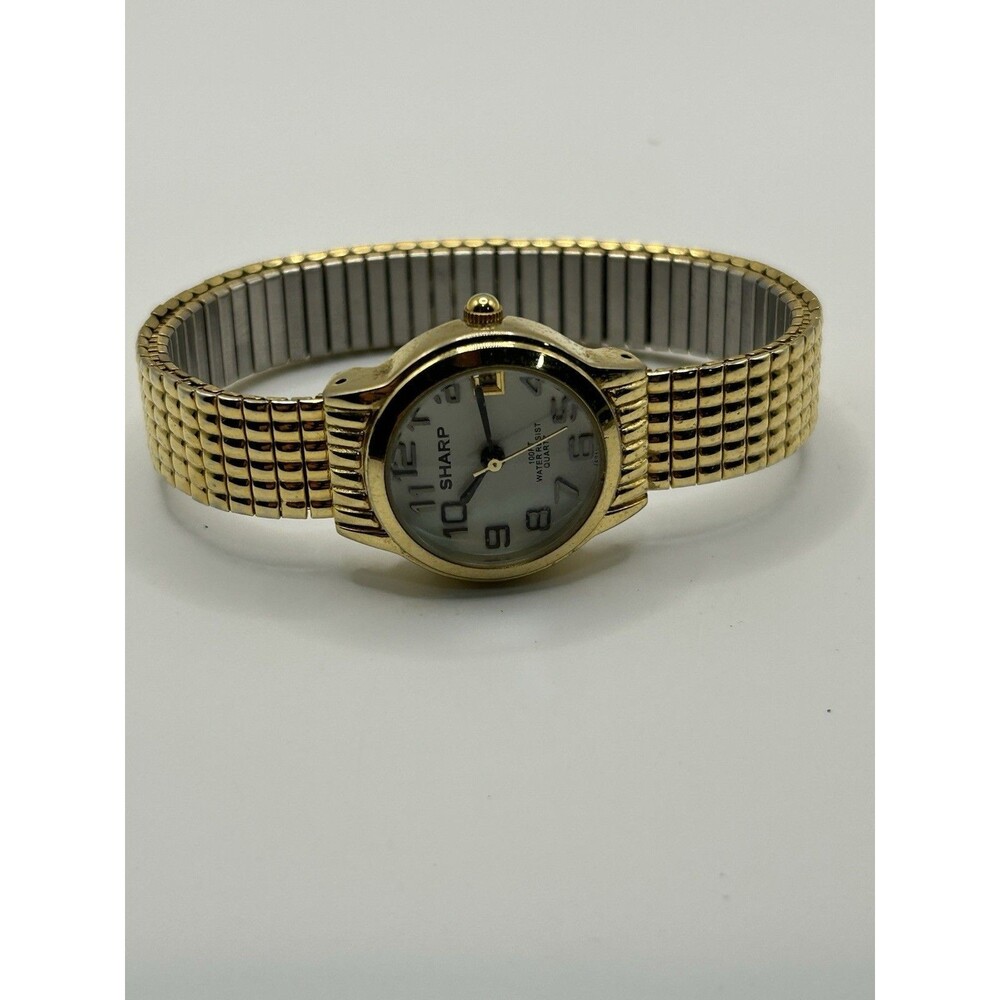 Sharp Quartz Women’s Watch Gold Tone Stretch Band White Dial Date